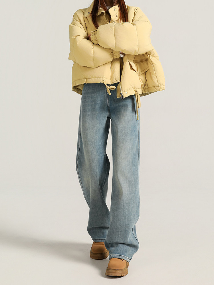 浅色加绒牛仔裤女冬季加厚2025新款高腰垂感小个子窄版直筒阔腿裤