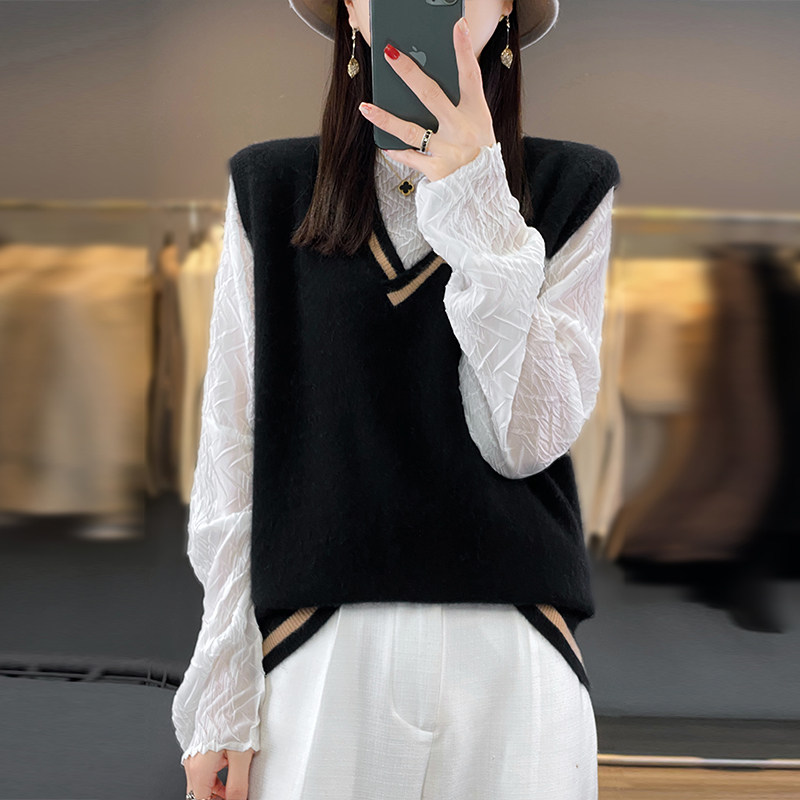 100羊毛针织马甲女v领拼色叠穿无袖毛衣背心学院风坎肩