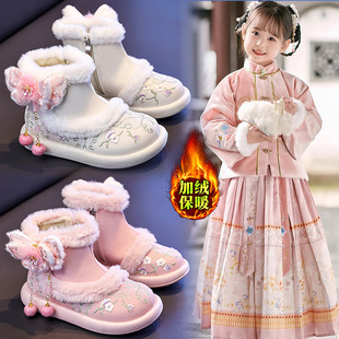 官网C&K儿童汉服鞋子女童冬季加绒2025新款国风绣花棉鞋女孩防滑