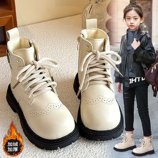 官网C&K女童棉靴保暖儿童2025新款冬季加绒女孩马丁皮靴公主白色