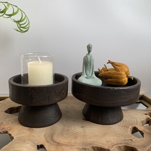 佛手柑盘香樟木烛台诧寂碳化工艺高脚台摆件 可装水晶石瓜整木