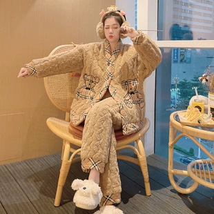 加绒加厚三层夹棉珊瑚绒套装 睡衣女冬季 2022年新款 冬天保暖家居服