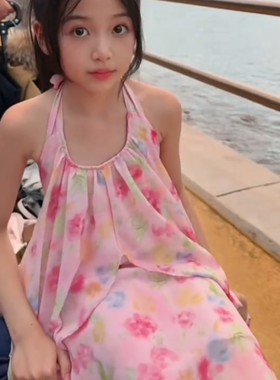 女童吊带裙子海边沙滩裙超美丁达尔裙大童女孩夏季连衣裙挂脖夏裙