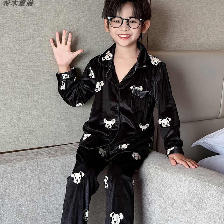 男童金丝绒卡通小狗睡衣秋季长袖开衫家居服套装初中生青少年