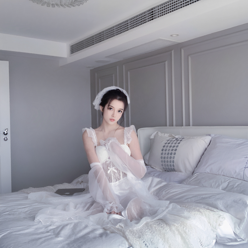 Nane南一自制款 超仙昭和感蕾丝拼接网纱带胸垫睡衣家居服套装