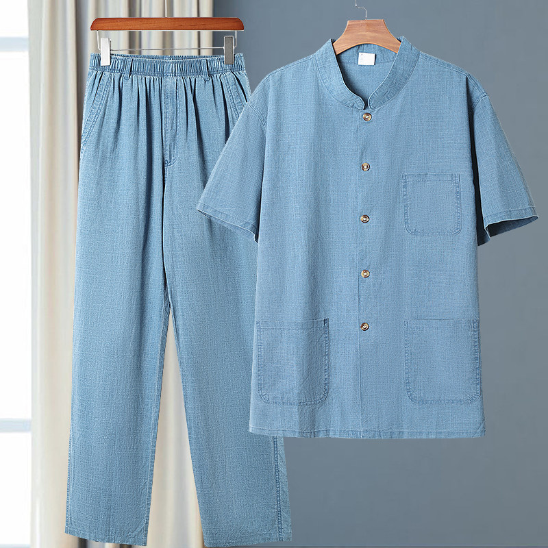 아빠 여름 정장 남성 여름 린넨 코튼 린넨 반팔 셔츠 바지 원피스 투피스 세트 중장년 캐주얼