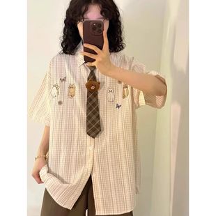 新款 休闲复古刺绣短袖 2025夏季 衬衫 休闲格子衬衣宽松显瘦上衣 女装