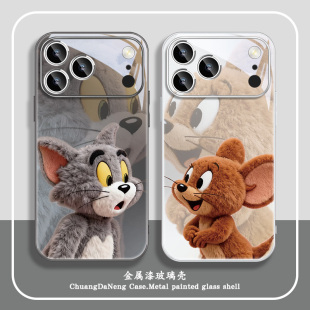 毛绒汤姆杰瑞适用苹果16手机壳情侣iphone17pro新款15猫和老鼠13卡通动漫14promax秋冬xs男女12一对11玻璃air
