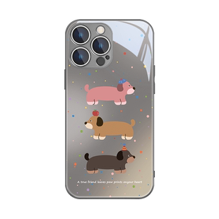 波点小狗iphone15promax手机壳女苹果16/17新款13mini日韩11腊肠狗14卡通12可爱8plus闺蜜款x镜面xs玻璃air套