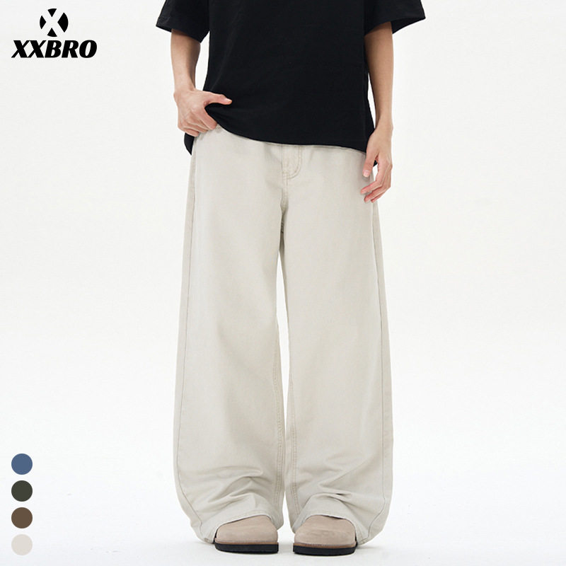 潮牌美式春款复古石磨简约百搭白色牛仔裤男女同款宽松直筒裤子