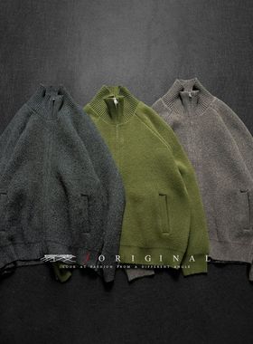 美式复古灰色毛衣男士冬季慵懒高级感针织衫高领开衫毛衣外套