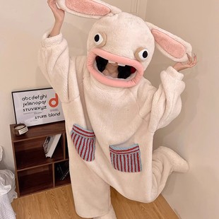 疯狂的兔子睡衣珊瑚绒连体睡袍搞怪沙雕大头鱼家居服冬季加绒套装