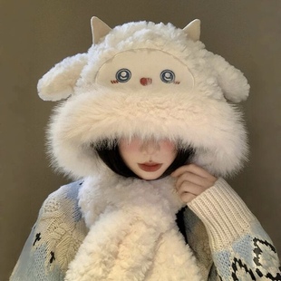 耳朵会动的帽子围巾一体可爱甜美小羊帽冬天女生防寒保暖毛绒帽子