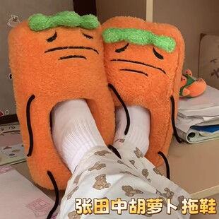 抽象张田中胡萝卜拖鞋家居室内冬季防滑保暖棉拖搞怪卡通毛绒棉鞋
