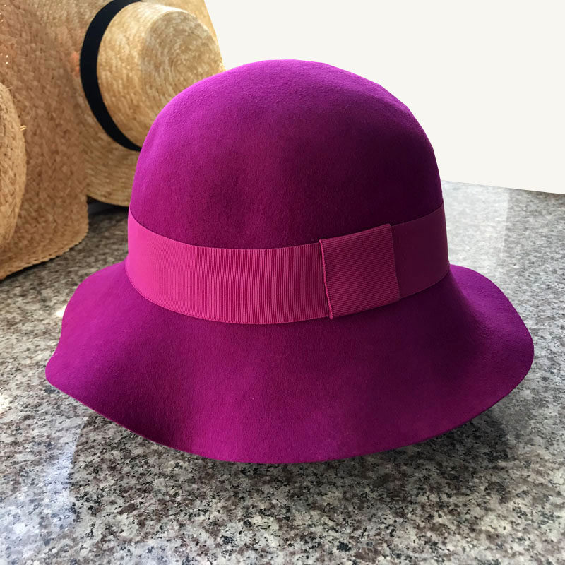 英伦优雅复古保暖澳洲纯羊毛呢女帽子盆帽礼帽秋冬渔夫帽玫红色