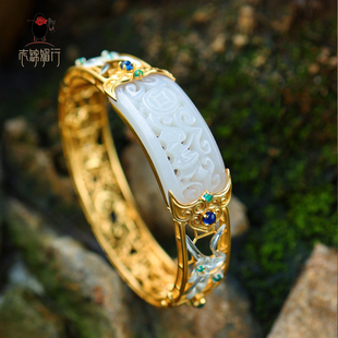 原创设计手镯s925银镀金和田玉铜钱蝙蝠纹手镯新中式国风手环高级
