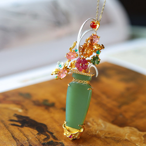 银镀金镶嵌天然碧玺多用款首饰