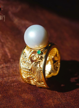 s925银镀金珍珠凤凰如意开口戒指