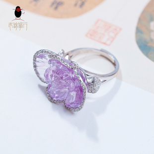衣锦媚行s925银紫水晶牡丹花戒指女可调节开口轻奢风花朵造型指环