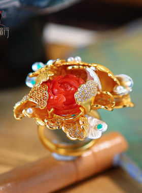 衣锦媚行国风玛瑙牡丹开口戒指