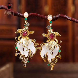 衣锦媚行原创设计耳饰s925银镀金和田玉锦鲤耳坠中式宫廷金鱼耳饰