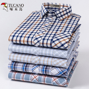 男中青年休闲宽松加大码 衬衫 全棉衬衣 纯棉格子长袖 啄木鸟春夏薄款