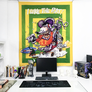 美式复古机车Ratfink卡通老鼠芬克传奇RF酒吧卧室装饰背景布挂布