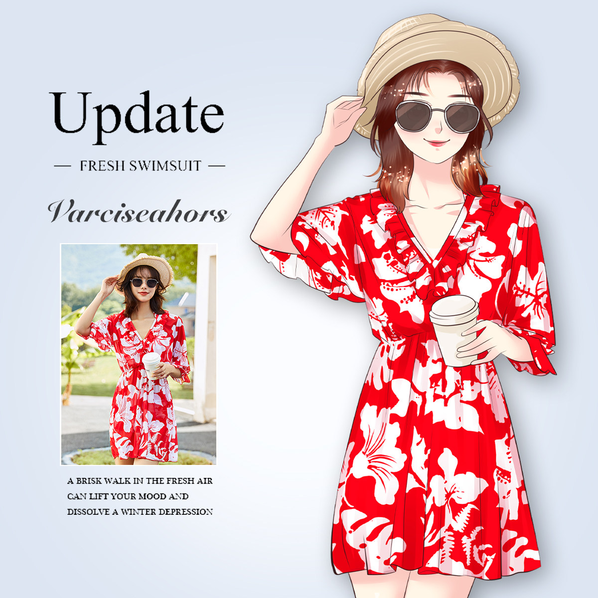 泳衣女泡温泉夏季海边三件套遮肚显瘦分体比基尼2025新款红色泳装