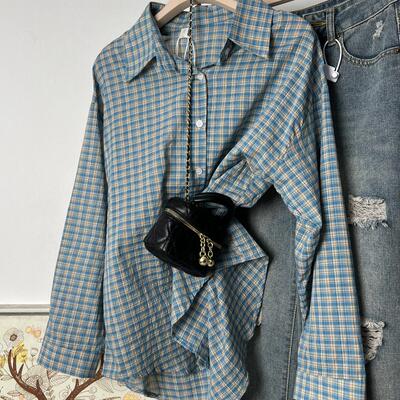 宽松日常长袖皱感格子衬衫