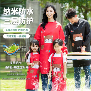 长袖 网红春秋罩衣印字 围裙女家用厨房防水防油餐饮印LOGO2024新款