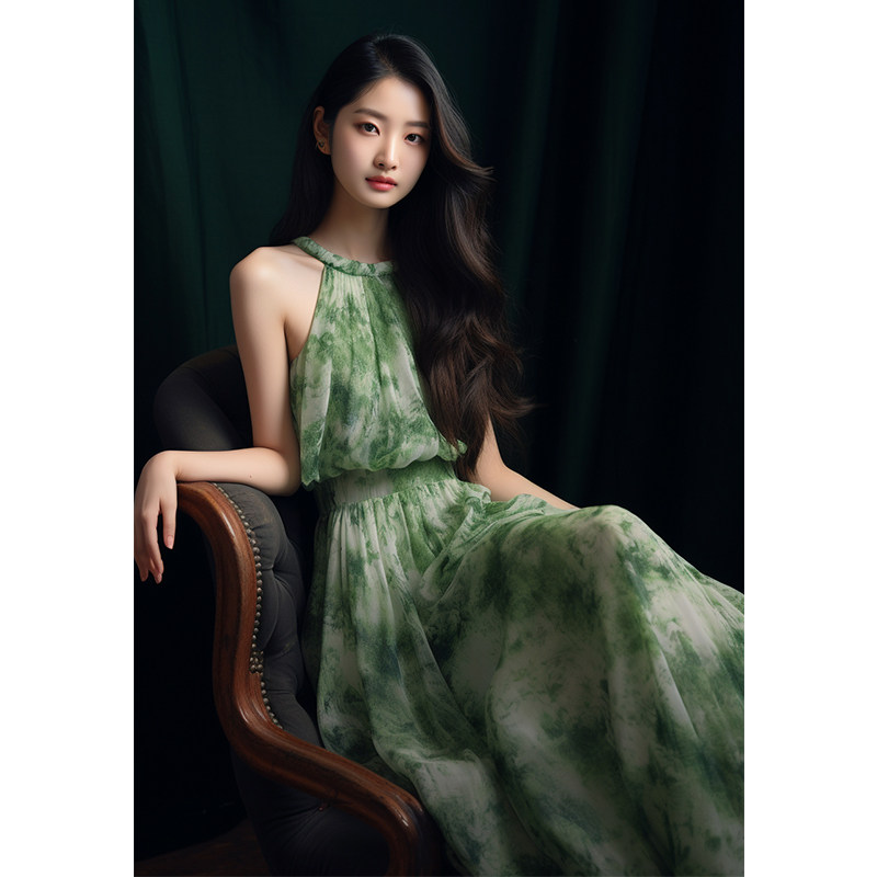 法式绿色碎花连衣裙女夏气质女神范旅游度假风超仙挂脖露肩雪纺裙