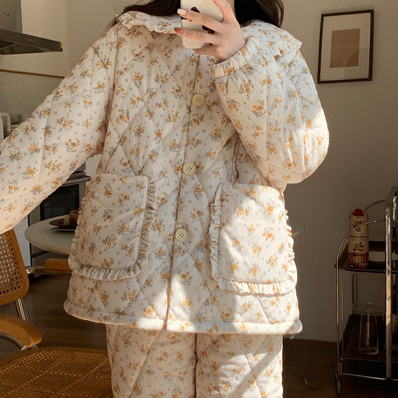 三层夹棉碎花女士新款秋冬季天大码睡衣加绒加厚珊瑚绒家居服套装