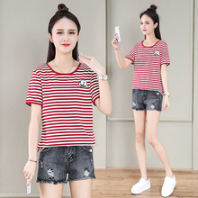红色条纹短袖t恤女宽松遮肚子上衣2025年新款女士减龄夏装百搭潮