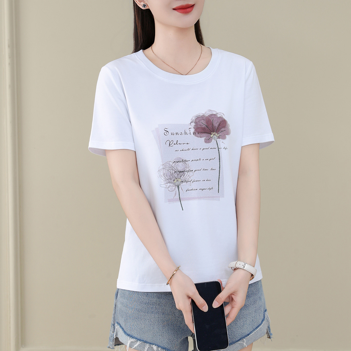 印花短袖T恤女夏装白色洋气精致正肩上衣女士休闲大码圆领体恤衫