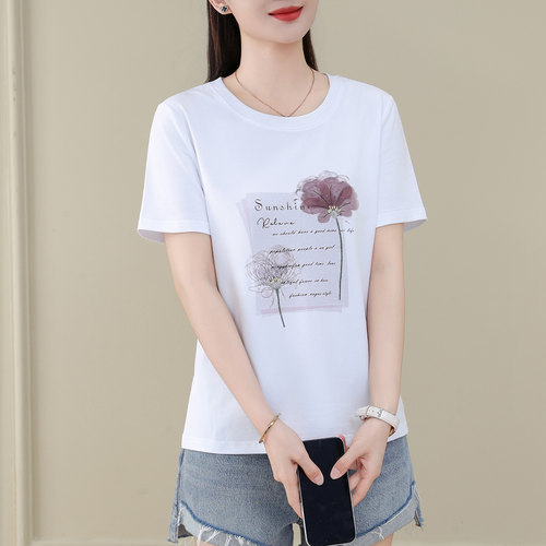 夏季白色印花圆领大码短袖T恤女