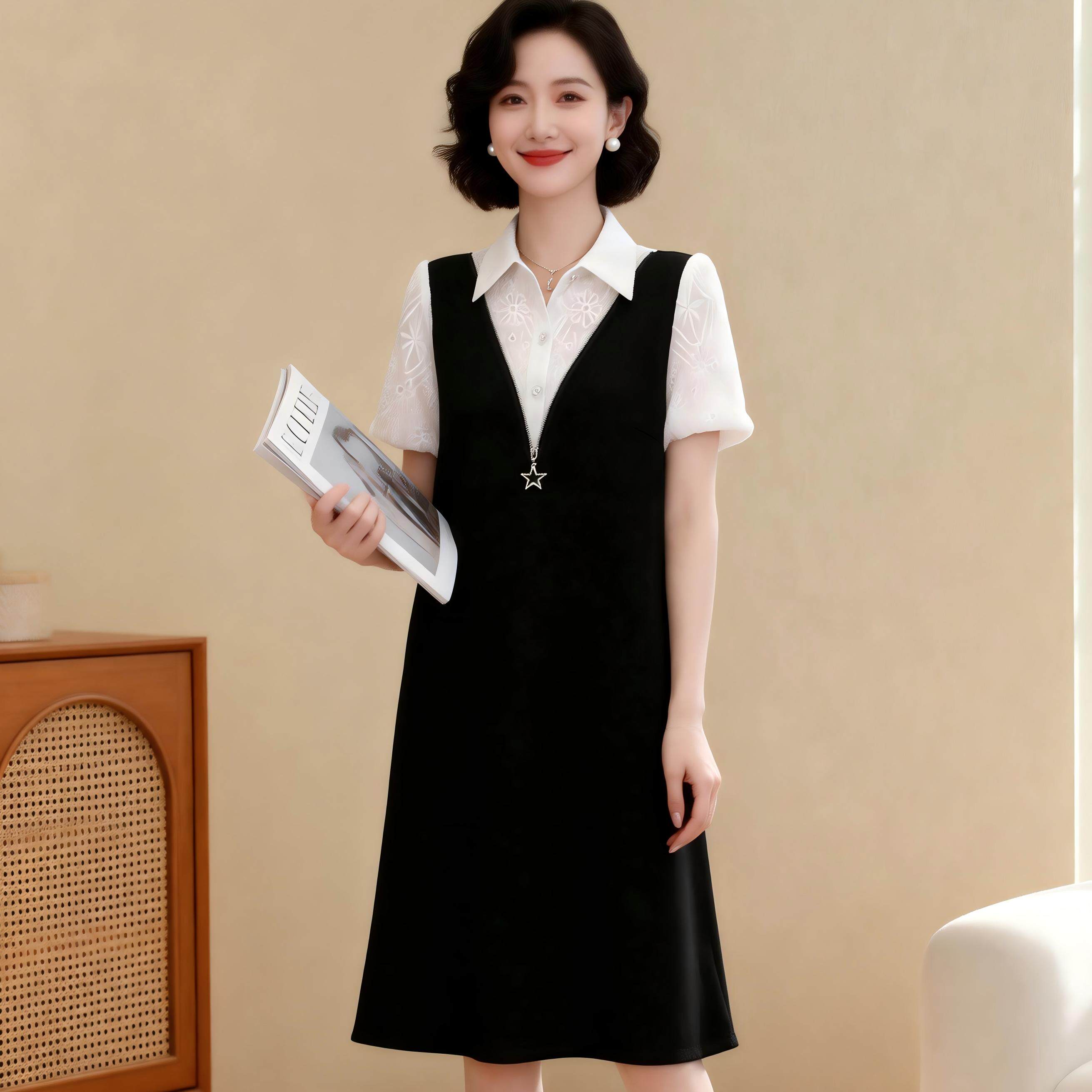 高端气质假两件连衣裙女夏季衬衣领黑色小个子职场优雅中长款裙子