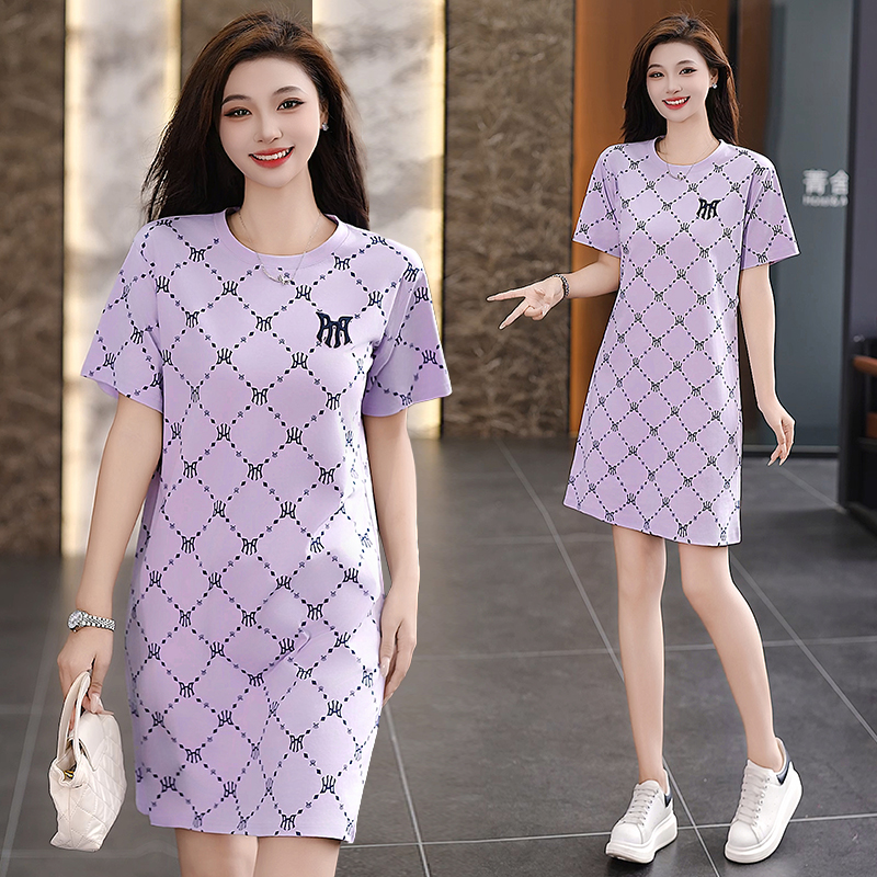 时尚短袖格纹连衣裙女夏新款韩版宽松显瘦中长款休闲运动裙子