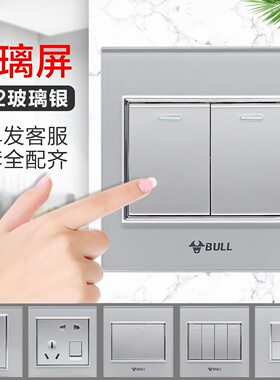 公牛G22高晶玻璃开关插座钢化镜面五孔5孔家用暗装拉丝银色单开