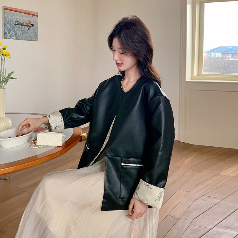 新中式两面穿提花皮衣外套女2025春季新款设计感气质时尚夹克上衣,女装皮衣,浙宝185