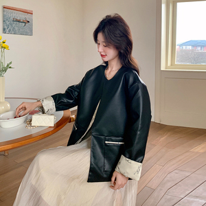 新中式两面穿提花皮衣外套女2025春季新款设计感气质时尚夹克上衣图片
