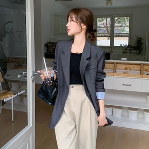 撞色休闲宽松西装外套女春秋2025新款深灰色西服气质百搭洋气通勤图片