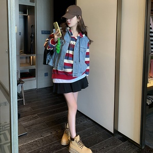 现货 条纹卫衣两件套装女185-9905T恤马甲图片