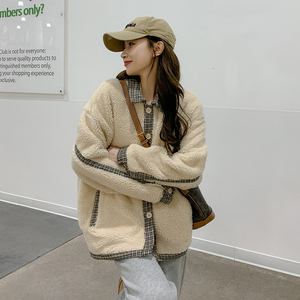 格子拼接羊羔毛外套女2025冬季新款学院风宽松减龄小个子皮毛一体图片