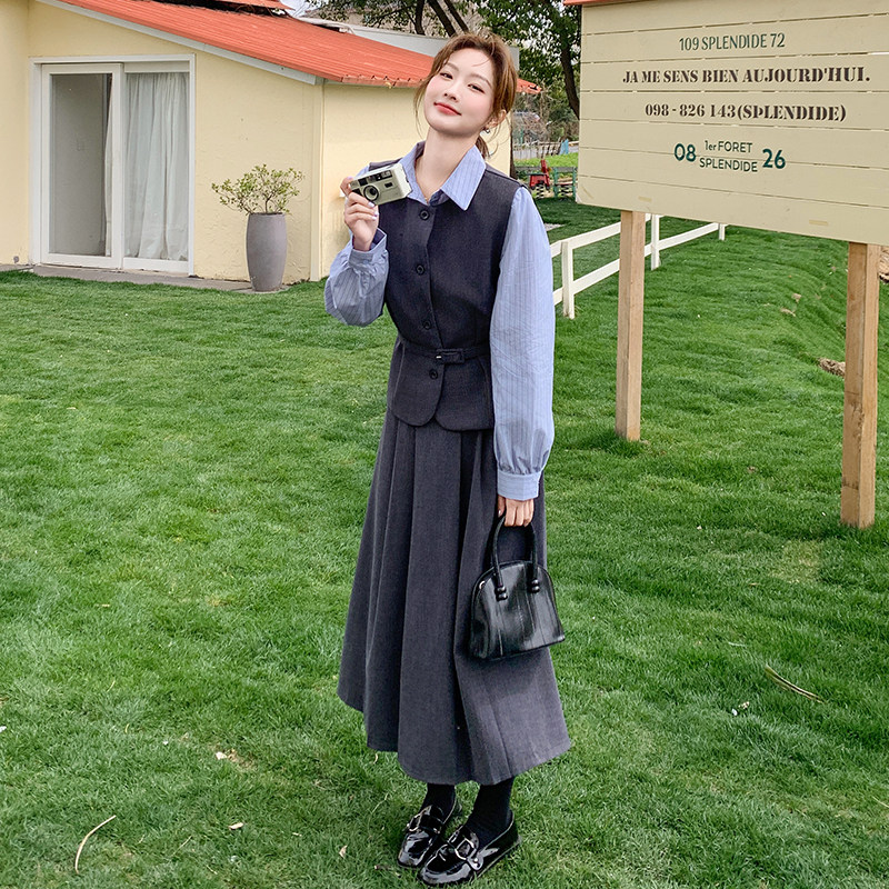 灰色正式场合穿搭套装裙女2025春季新款气质通勤马甲半身裙三件套,女装套装/套裙,浙宝185
