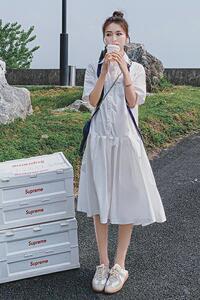 蓝色竖条纹无袖连衣裙女2025夏季新款学院风过膝减龄宽松显瘦长裙图片