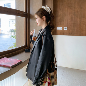 黑色PU皮衣西装外套女2025春季新款韩系复古高级感流行超火小西服图片