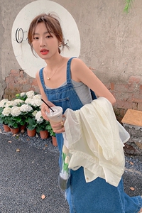 复古牛仔背带连衣裙女夏季学生2025新款夏装梨形身材休闲宽松长裙图片