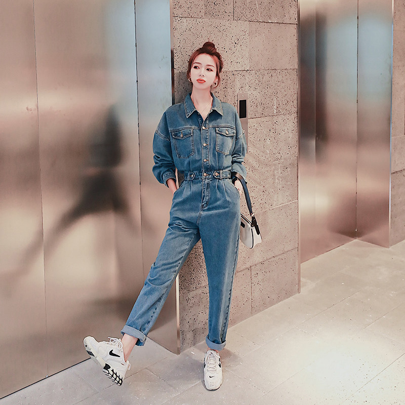 牛仔工装连体裤女春秋2025新款春装休闲显瘦网红气质连身衣套装潮,女装连体裤,浙宝185