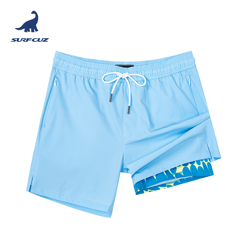 surfcuz男士速干可下水5.5英寸二合一蓝色纯色沙滩裤