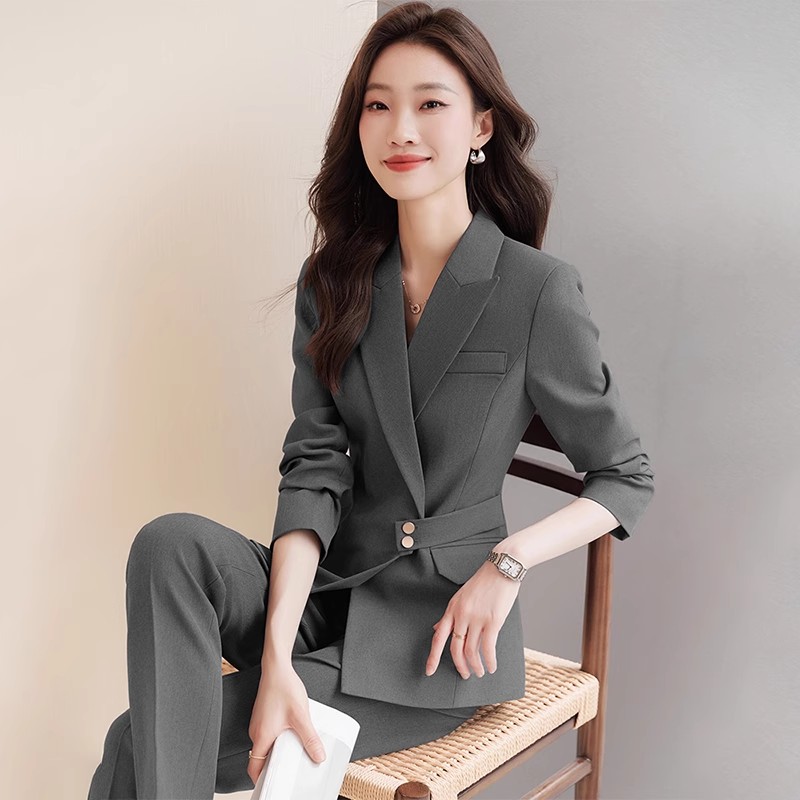 灰色西装套装女春秋季酒店前台工装珠宝店美容院职业装气质工作服